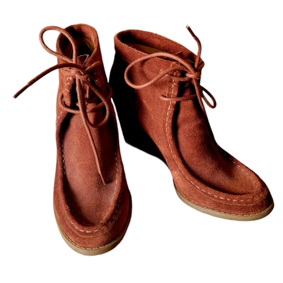 Lucky Brand Burnt Orange Suede Leather Lace Up Wedge Booties Ankle Boots Sz 8.5 - Picture 1 of 8